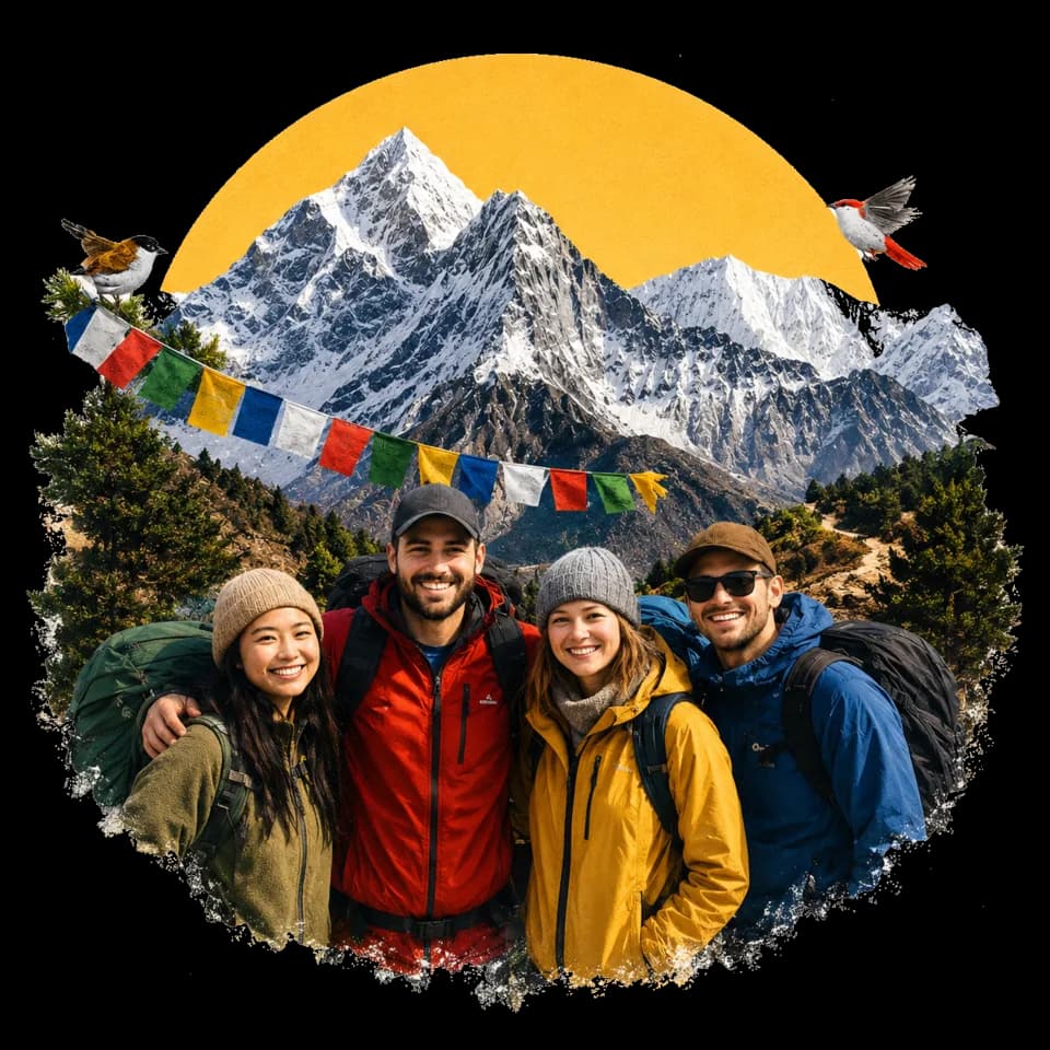 Four trekkers smiling together in front of a Himalayan mountain range with prayer flags